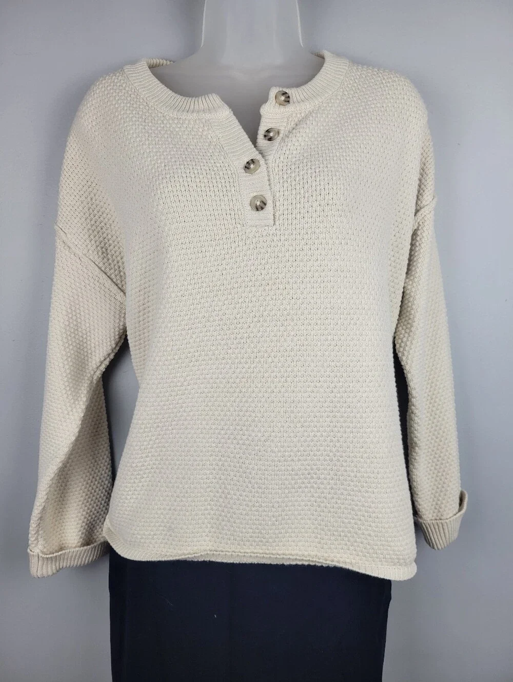 Sincerely Jules Size S Cream Waffle Knit Henley Sweater